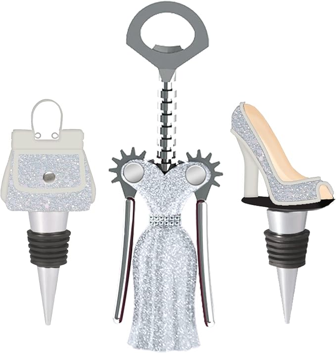 WILD EYE DESIGNS FASHION WINE SET 3PCS. WINGED CORKSCREW, HIGH HEEL WINE STOPPER, PURSE WINE STOPPER. FASHION WINE GIFT SET. WHITE AND SILVER, GLITTER