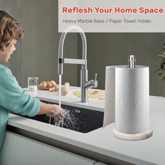Heavy Weighted Paper Towel Holder, Easy One-Handed Design for Kitchen Stand, Sturdy Base for Standard and Mega Rolls (Silver Brushed)