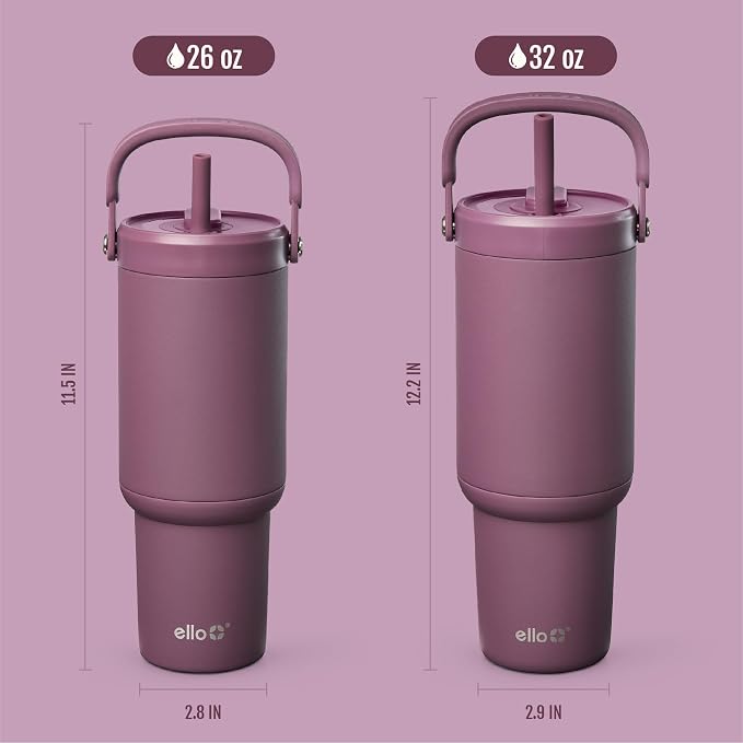 Ello Oasis Go+ 26oz Tumbler with Top Handle and Retracting Straw | Reusable Insulated Stainless Steel Cup, 100% Leakproof Water Bottle, 24 Hours Cold, Cup Holder Friendly For Travel | Wild Rasberry