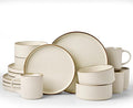Famiware Star 16-Piece Stoneware Dinnerware Set with Trim, Service for 4 -Ceramic Mugs, Plates and Bowls, Modern Rustic Dishes with High Edge, Chip/Scratch Resistant, Microwave/Dishwasher Safe, Cream