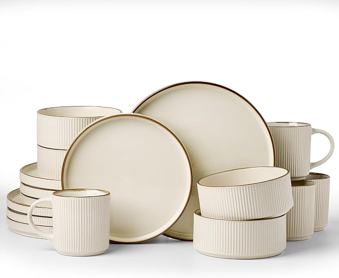 Famiware Star 16-Piece Stoneware Dinnerware Set with Trim, Service for 4 -Ceramic Mugs, Plates and Bowls, Modern Rustic Dishes with High Edge, Chip/Scratch Resistant, Microwave/Dishwasher Safe, Cream