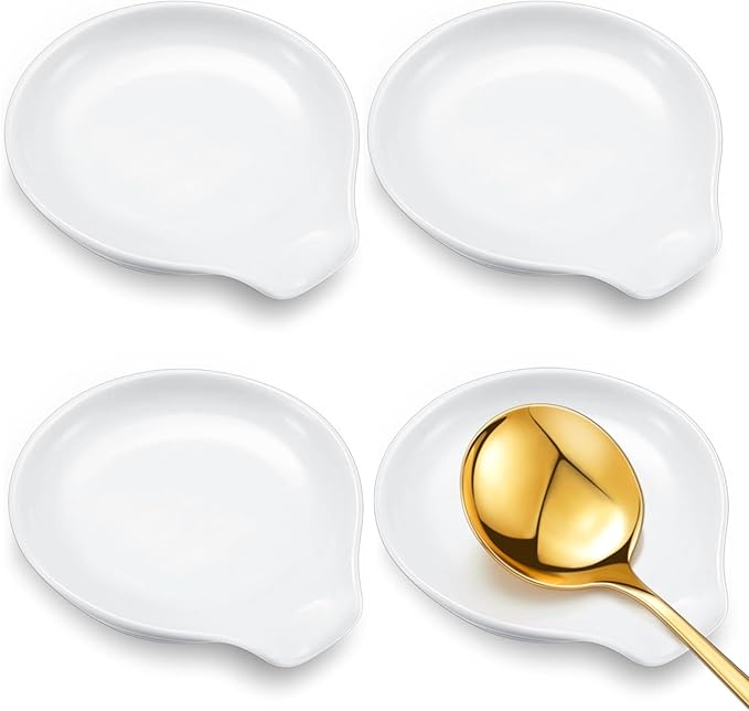 Irenare 4 Pcs Ceramic Spoon Rest for Stove Top, 3.74 Inch Porcelain Spoon Holder, Coffee Utensil Rest Heat Resistant Dishwasher Safe for Home Kitchen Accessories Gift(White)