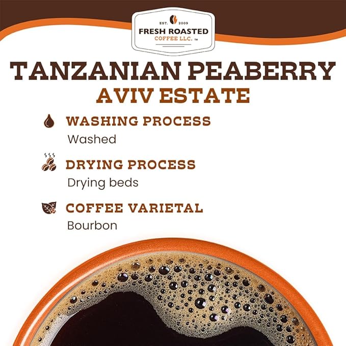 Fresh Roasted Coffee, Tanzanian Peaberry Whole Bean Coffee, Light Roast, Kosher, 2 lb (32 oz)