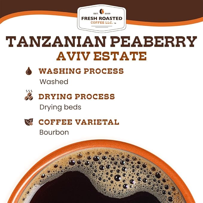 Fresh Roasted Coffee, Tanzanian Peaberry Whole Bean Coffee, Light Roast, Kosher, 12 oz