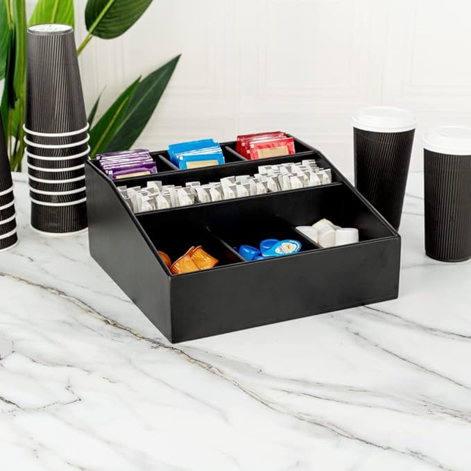 Restaurantware-11.75 x 5.5 Inch Coffee Condiment Organizer, 1 Square Creamer Organizer - 9 Compartments, Break-Resistant, Black Bamboo Coffee Accessory Caddy, Won't Chip, For Sugar Packets & Creamers