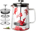French Press Coffee Maker 22oz – Red Floral Glass Design – Double-Wall Borosilicate Ribbed Coffee Press with Stainless Steel Filter – Manual Brewer & Tea Press