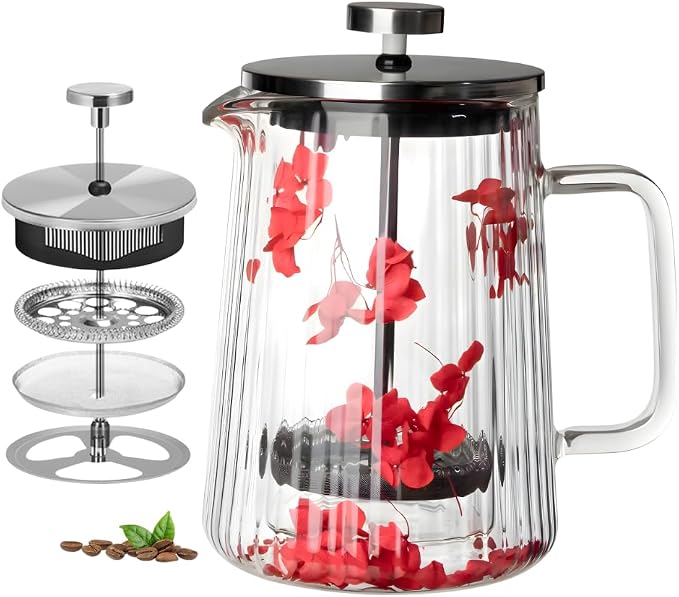 French Press Coffee Maker 22oz – Red Floral Glass Design – Double-Wall Borosilicate Ribbed Coffee Press with Stainless Steel Filter – Manual Brewer & Tea Press