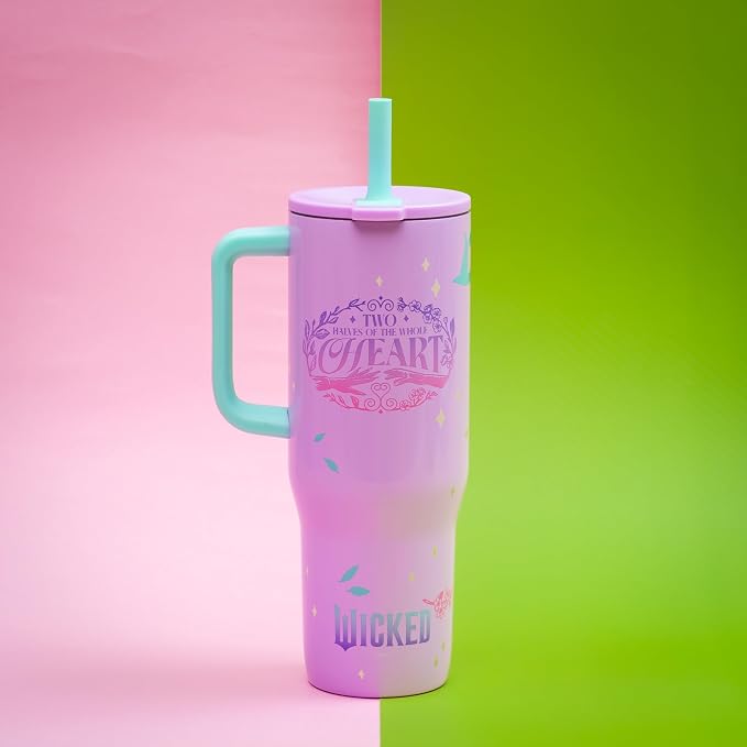 Zak Designs Wicked: For Good Sutton Travel Tumbler for On the Go, 30oz Stainless Steel with Vacuum Insulation, Silicone Straw, and Carry Handle for Cold Drinks (Glinda and Elphaba)