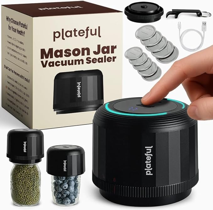 Plateful VacuFresh Electric Mason Jar Vacuum Sealer Kit (10 Lids Included) - For Wide Mouth & Regular Mouth Jars, Cordless, Portable Jar Vacuum Sealer For Food Storage With Lids, Opener, Charger