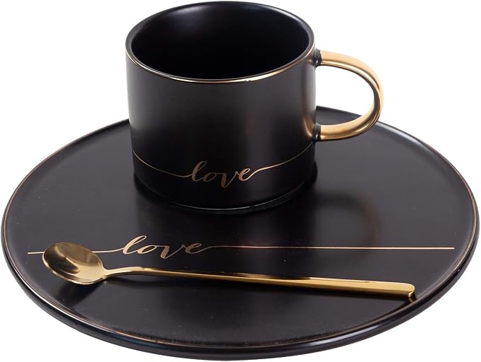 TJ Gobal Porcelain Coffee Mug, Tea Cup with Saucer and Golden Spoon with Gold Scripted Love and Trim for coffee, Hot Chocolate, Cappuccino, and Latte, 8 Oz. (Black)