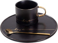 TJ Gobal Porcelain Coffee Mug, Tea Cup with Saucer and Golden Spoon with Gold Scripted Love and Trim for coffee, Hot Chocolate, Cappuccino, and Latte, 8 Oz. (Black)