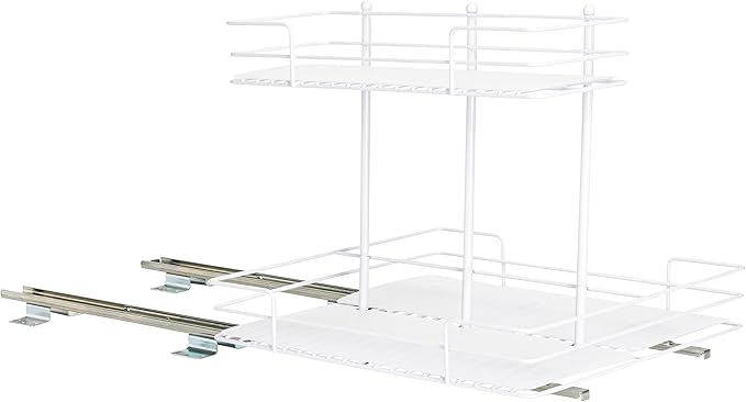 Household Essentials Glidez Paint-Finished Steel Pull-Out/Slide-Out Storage Organizer with Plastic Liners for Under Sink or Cabinet Use- 2 -Tier Design - Fits Standard Size Cabinet or Shelf, White