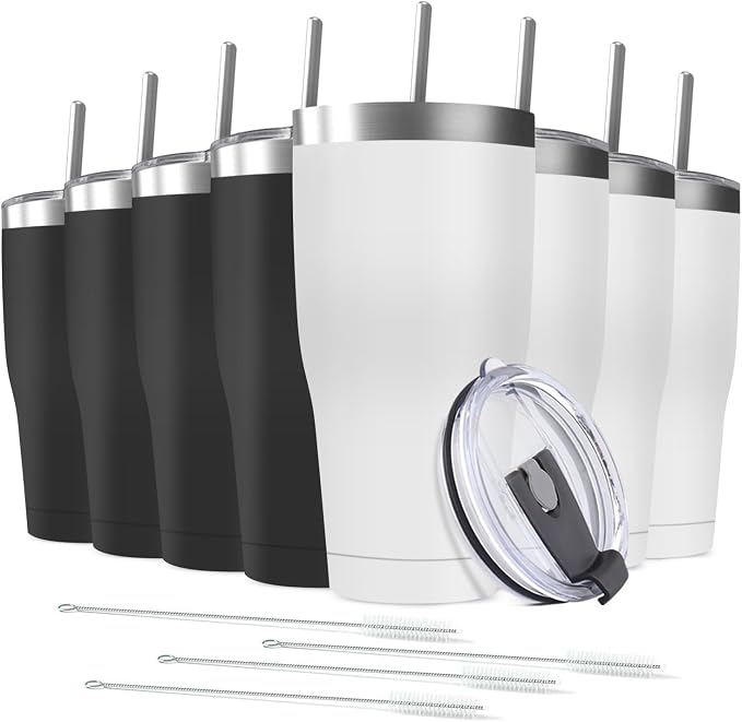 8 Pack 30oz Stainless Steel Tumblers Bulk Reusable Travel Mugs with Lid, Double Wall Powder Coated Coffe Cup for Home, Office, Outdoor Suitable for Vehicle Cup Holders