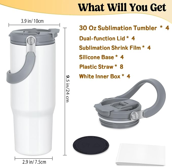 4 Pack 30oz Sublimation Tumbler with Handle, Sublimation Flip Straw Tumbler with Portable 2-in-1 Lid, Stainless Steel Insulated Water Bottle, Leak Proof Travel Coffee Mug Cup for Home, Outdoor or Car