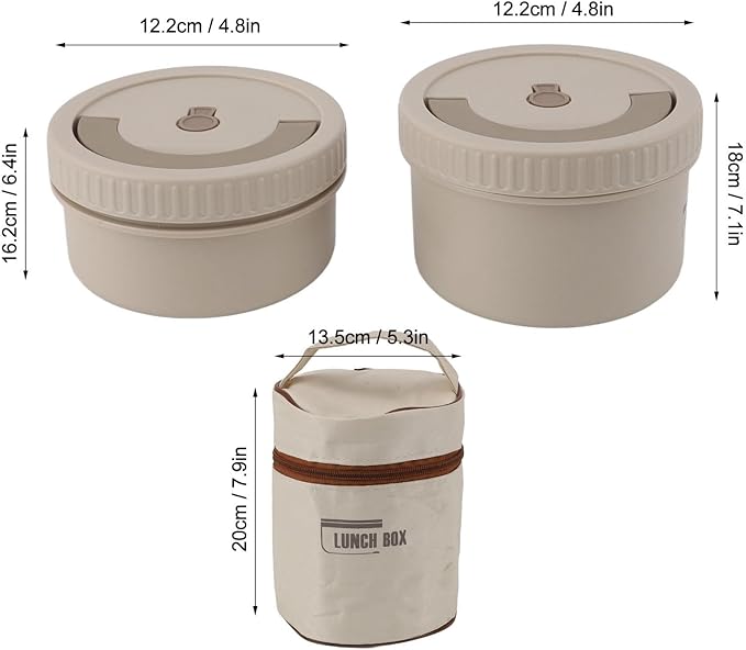 -Proof Thermal Lunch Container Set – 2-Piece Round Insulated Food Box in Premium 316 Stainless Steel with Carry Bag, Beige