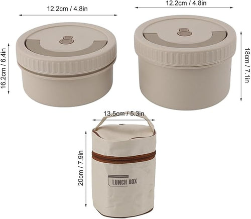 -Proof Thermal Lunch Container Set – 2-Piece Round Insulated Food Box in Premium 316 Stainless Steel with Carry Bag, Beige