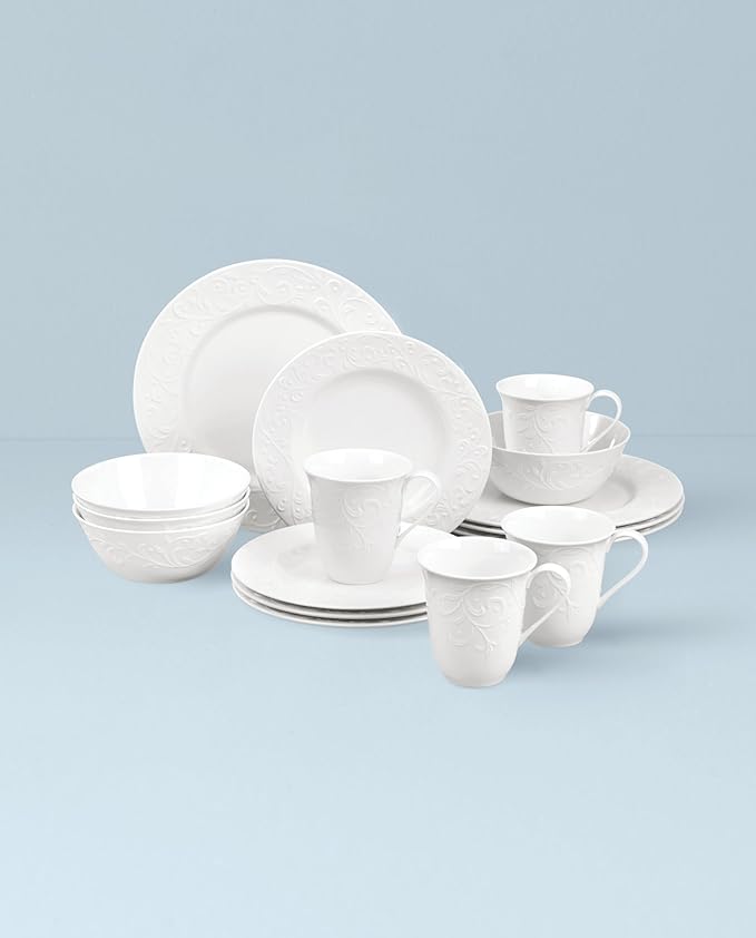 Lenox Dinnerware & Serveware, Porcelain Tableware, Opal Innocence Carved Style, 16-Piece Dinnerware Set