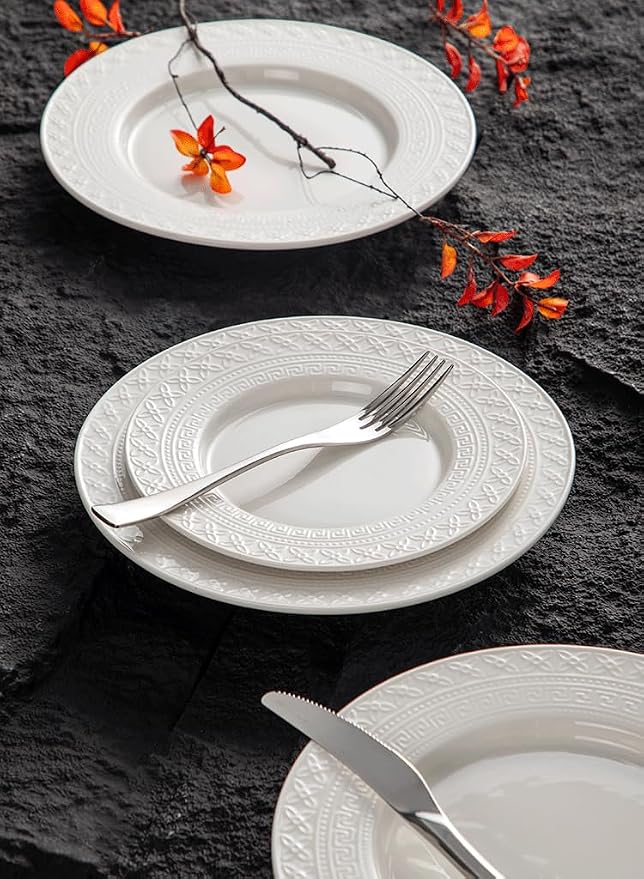 4-piece set, ceramic tableware set, relief plate and bowl set, microwave and dishwasher compatible tableware set, shatterproof and scratch resistant dinner set, irregular edge design, white