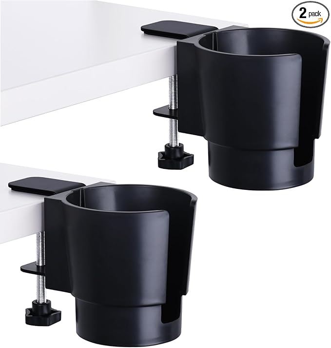 Universal Large Desk Cup Holder Clamp on, Heavy Duty Plastic Drink Holder for Table, Porch Swing, Patio Chair, Clip On Anti-Spill Bottle Holder for Most Cups, Bottles, Cans, Tumbles, Black, Pack of 2