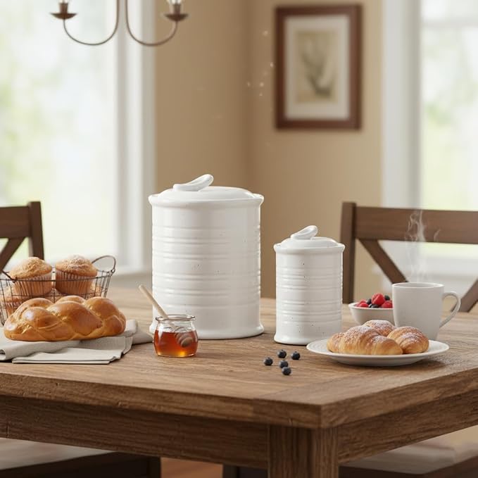 Nihow Food Storage Jar,Ceramic Canister Sets for The Kitchen,Set of 2,White | Air Tight Lid,For Flour/Sugar/Rice/Coffee/Cookies/Candy,Kitchen Counter Canister/Dishwasher Safe