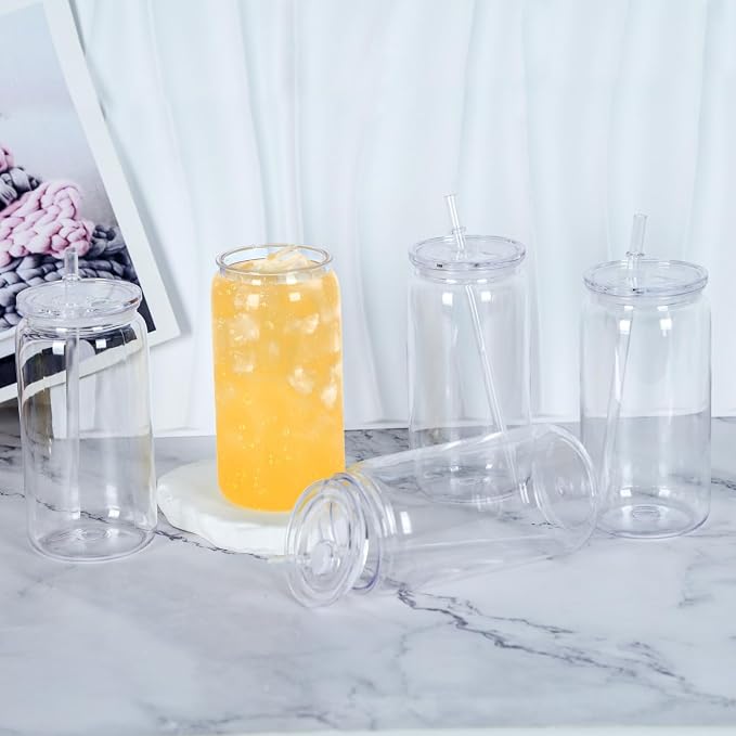 16 Oz Acrylic Can Tumbler, 20 Pack Plastic Clear Cup Beer Can, Plastic Mason Jar with Clear Lid