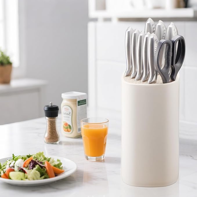Universal Knife Block Holder for Kitchen, WELLSTAR Knife Stand without Knives, Safe Space Saver Large Volume Stable Knife Storage with Scissors Slot, Detachable for Easy Cleaning – Off-White