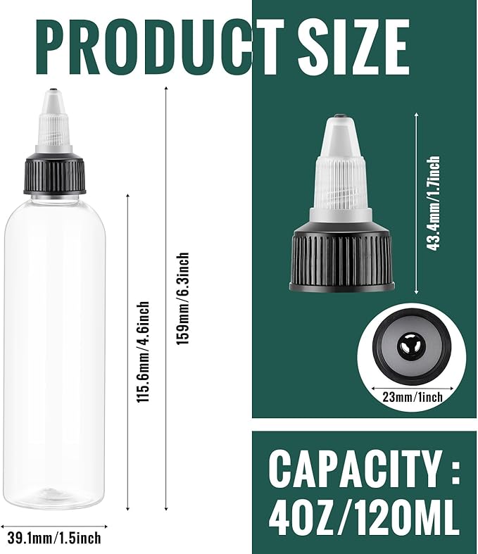 Irenare 200 Pcs 4 oz Plastic Squeeze Bottles Bulk Hair Oil Applicator Bottles Boston Empty Squeeze Condiment Bottle with Twist Top Cap Leak Proof for Liquids Oils Art Crafts Household Kitchen (Clear)