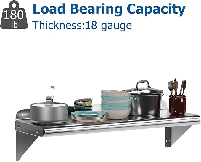 NSF Certified 12" x 24" Stainless Steel Wall Mount Shelf with Backsplash, Commercial Grade, 180 lb Capacity for Restaurant and Kitchens.