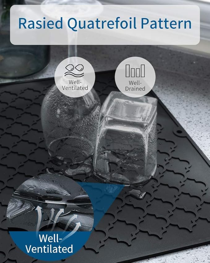 AMOAMI-Dish Drying Mats for Kitchen Counter-Silicone Dish Drying Mat-Kitchen Dish Drying Pad Heat Resistant Mat-Kitchen Gadgets Kitchen Accessories Kitchen Small Appliances(16" x 18", BLACK)