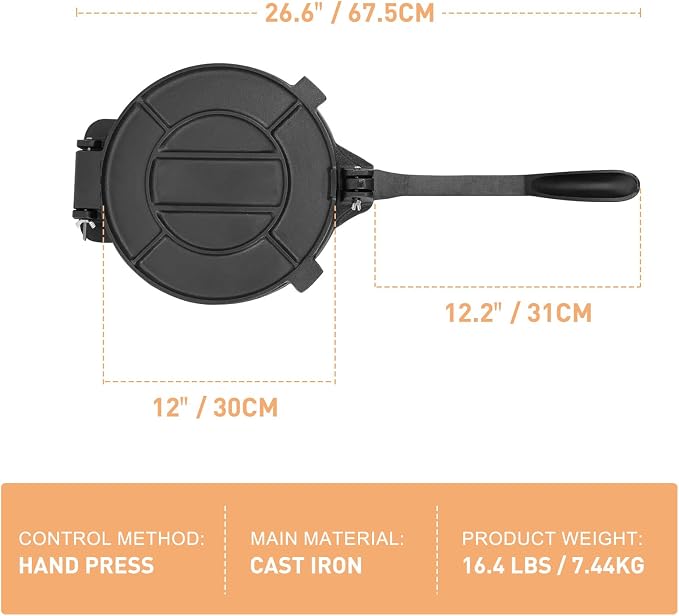 Cast Iron Tortilla Press 12 inch, Heavy Duty Tortilla Pataconera, Flour Tortilla Press with Foldable Handle, Taco press with Some Parchment Paper, Roti Maker, Black
