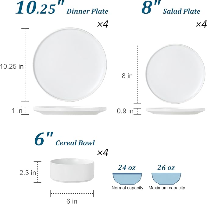 12 Piece Ceramic Plates and Bowls Sets for 4, Modern White | Stoneware Dinnerware Set, Dishwasher & Microwave Safe, Handcrafted, Perfect for Family and Gatherings