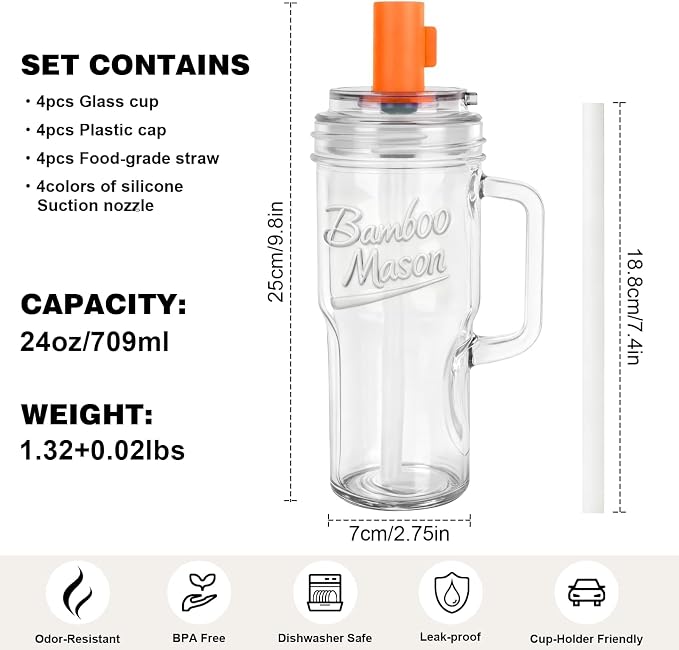 Anotion Mason Jar Cups with Lids and Straw, Leakproof 24oz Glass Tumbler with Handle, Leak-Proof Dustproof Cap, Self-Assembly Silicone Straw, Reusable Iced Coffee Matcha Cup Coffee Gifts for Women 4pc