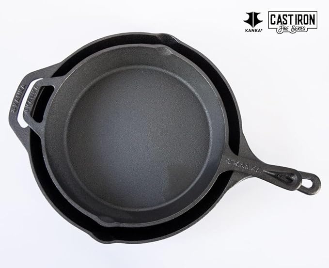 KANKA Cast Iron Skillet Set – Pre-Seasoned 10 Inch & 12 Inch Cast Iron Frying Pans – Iron Skillet Set for Stove, Oven, Grill & Searing Pan Cooking – Includes Silicone Handles & Scrapers