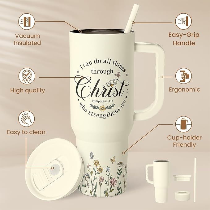 Christian Tumbler with Handle 40oz, Inspirational Gifts for Her, Religious Gift for Women Girl, Stainless Steel Insulated Coffee Travel Cup, Inspiration Gift for Christmas Birthday Mothers Day