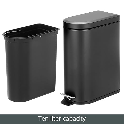 mDesign Small 2.6 Gallon/10 Liter Stainless Steel Metal Step Trash Can Garbage Bin for Bathroom, Bedroom, Home Office, D-Shape Trashcan with Foot Pedal/Lid, Removable Liner Bucket with Handles, Black