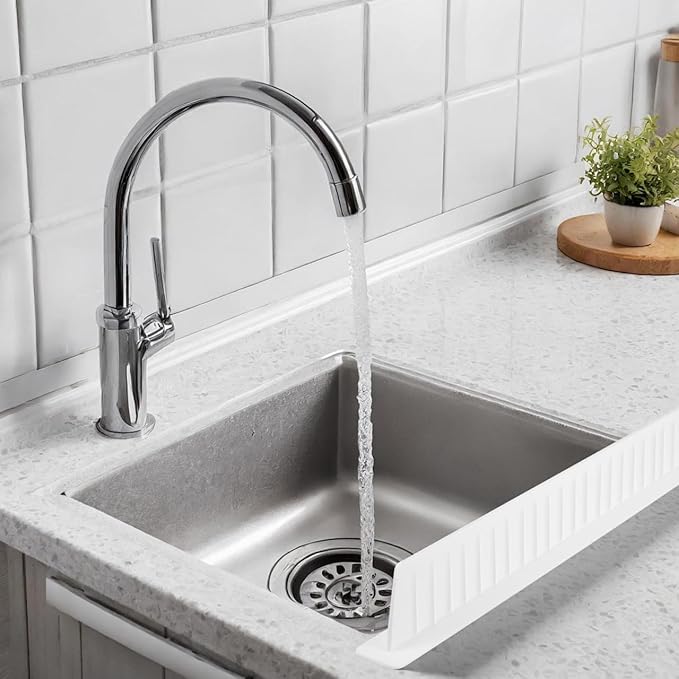 Silicone Sink Splash Guard for Kitchen Edge, 20 Inch Long Water Barrier with Strong Suction Cups, White Dish Washing Baffle for Countertop, Wet Clothes Protector for Island & Bathroom, Reusa