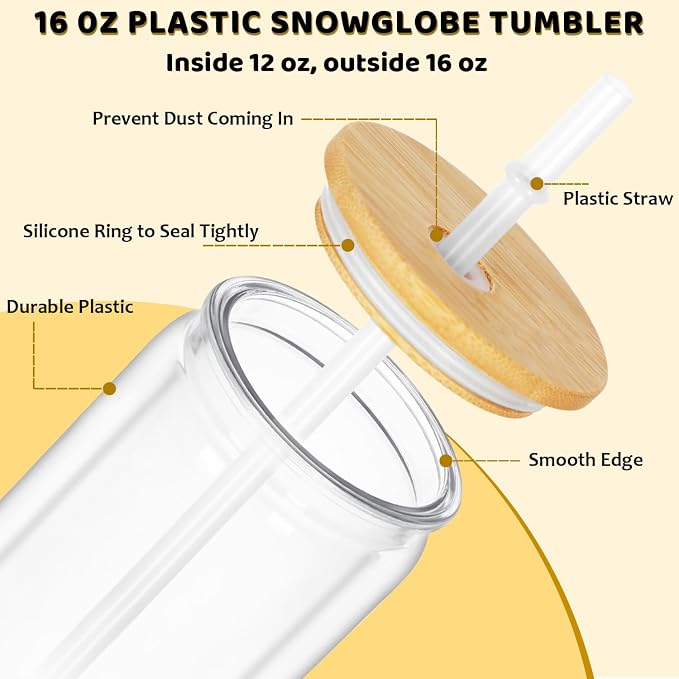 16 Oz Acrylic Snowglobe Tumbler, 25 Pack Pre-Drilled Double Wall Plastic Clear Cup for Glitter Snow Globe Diy, Double Wall Plastic Snowglobe Cup with Bamboo Lid