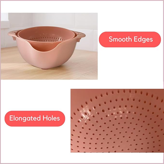 Modern Creative Double Layer Vegetable & Fruit Washing Basket – Durable Plastic Strainer in Pink–Multipurpose Kitchen Colander for Washing, Draining & Serving – Space-Saving Lightweight