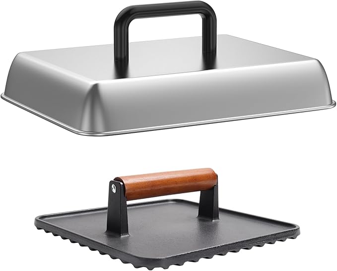 SafBbcue 14" Stainless Steel Rectangle Cheese Melting Domer Basting Cover & Cast Iron Rectangle Griddle Smash Burger Grill Weight Press for Blackstone, Pitboss, Camp Chef Flat Top Grills Accessories