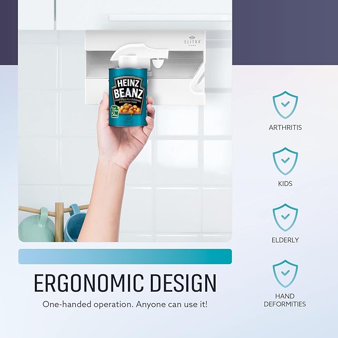 Elitra Home 3 in 1 Under the Cabinet Electric Can Opener, Blade Sharpener, Bottle Opener, Under The Counter Mount, For Large And Small Cans (White)