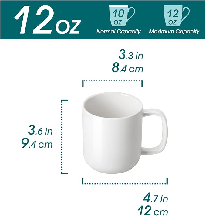 vancasso Porcelain Coffee Mugs Set, 12 oz Ceramic Coffee Cups for Latte Hot Tea Cappuccino Cocoa Milk Cups Set of 6, Dishwasher & Microwave Safe, White