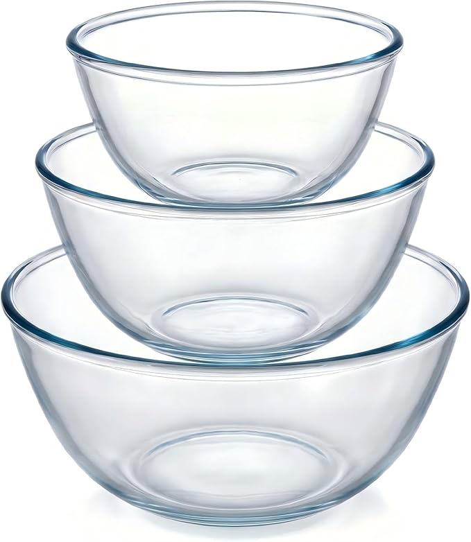 Borosilicate Glass Mixing Bowls Set of 3 (2.8, 2.2, 1.1QT) - Heavy Duty, Scratch Resistant, Non-Toxic & Lead-Free – Oven/Microwave/Dishwasher/Freezer Safe – Ideal for Meal Prep, Baking & Serving