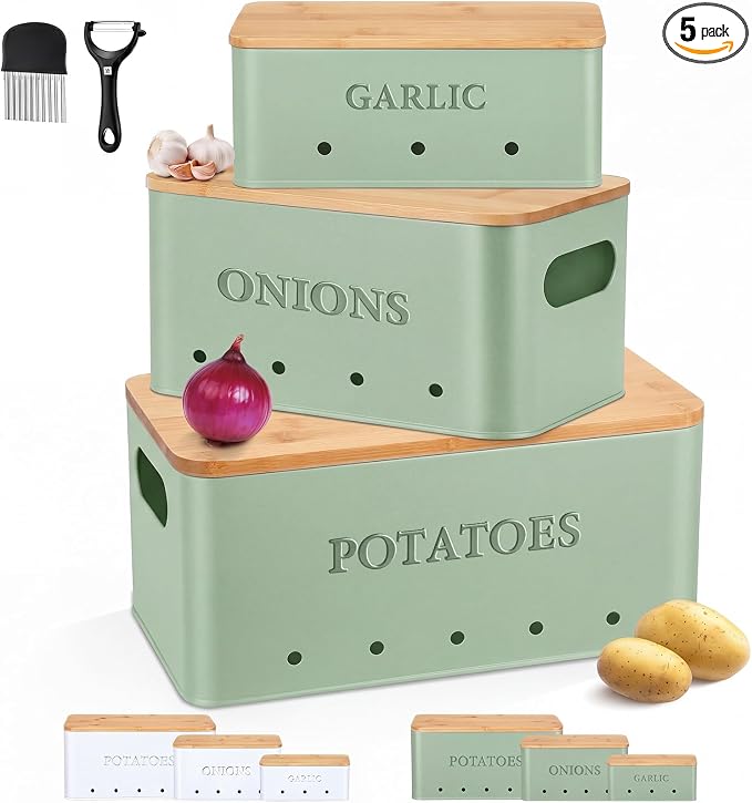 Honeydak 3 PCS Sage Green Potato Onion Garlic Storage Bins Set, Metal Vegetable Keeper Containers with Lids Aerating Holes for Kitchen Counter Pantry Keep Fresh Longer Farmhouse for Sweet-potato Fruit