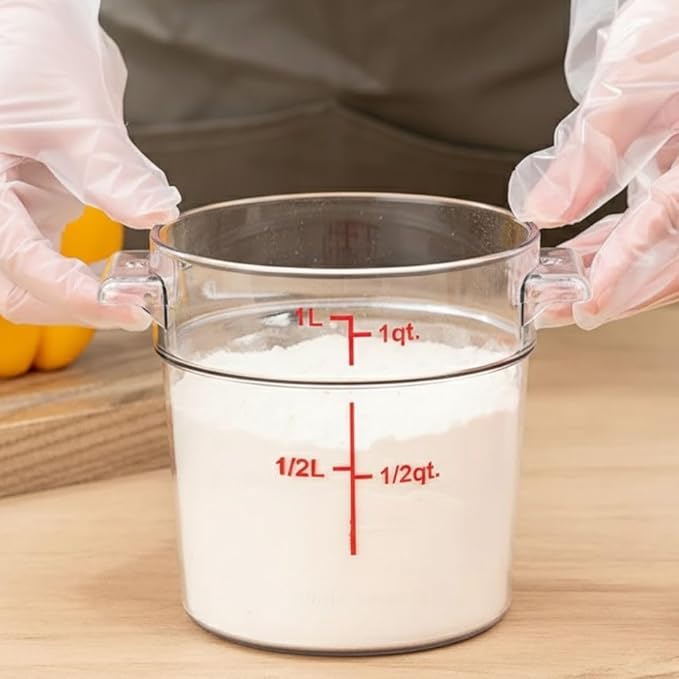 Soro Essentials- 1 qt. Polycarbonate Round Food Storage Container with Graduated Markings Clear Color- Stackable Storage Bin Food Container with Handle for Pantry Organizer Storage Kitchen Fridge