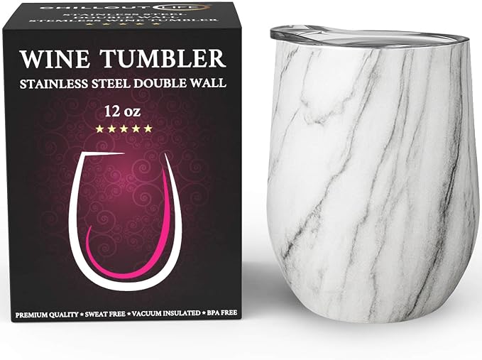 CHILLOUT LIFE 12 oz Stainless Steel Wine Tumbler with Lid - Double Wall Vacuum Insulated Wine Cup Glass Keeping Cold & Hot for Coffee, Champagne, Cocktails, Ice Cream