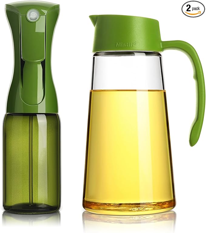 Premium Oil Sprayer & Oil Dispenser Set – Elegant Glass Olive Oil Spray Bottle with Drip-Free Pour Spout, Refillable Kitchen Oil Control Set forHealthy Cooking, Air Fryer, Salad, Grilling (Green set)