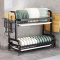 Dish Drying Rack, 2-Tier Space-Saving Dish Rack for Kitchen Counter, Metal Kitchen Organizers and Storage Rack, Large Capacity Dish Drainer, Black