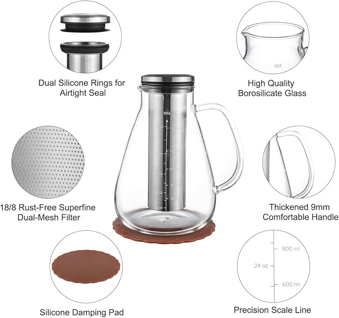YMMIND Cold Brew Iced Coffee Maker 34oz, Brewed Coffee Pot with Removable Double Mesh 304 Stainless Steel Filter, BPA-Free Cold Brew Pitcher Glass Container, Tea Maker