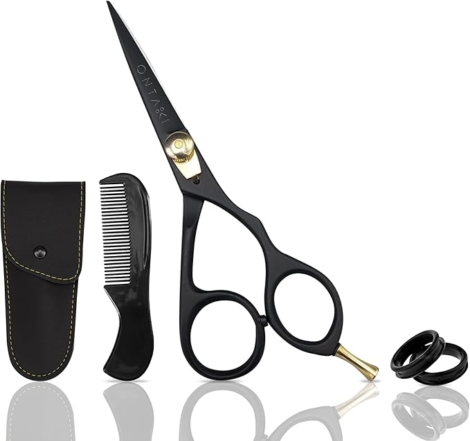 Ontaki Beard & Mustache Scissors for Men - 5.5" Japanese Steel, Black - Precision Sharp Blades, Ergonomic Finger Rest & Adjustable Tension Screw for Perfect Trimming - Beard Scissors for Men