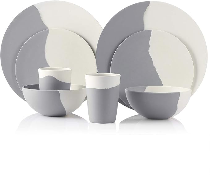 MORGIANA 8 pcs Bamboo Dinnerware Set Plates Bowls Sets, Camping Picnic Dishes Tableware Set for 2 (Grey & White)
